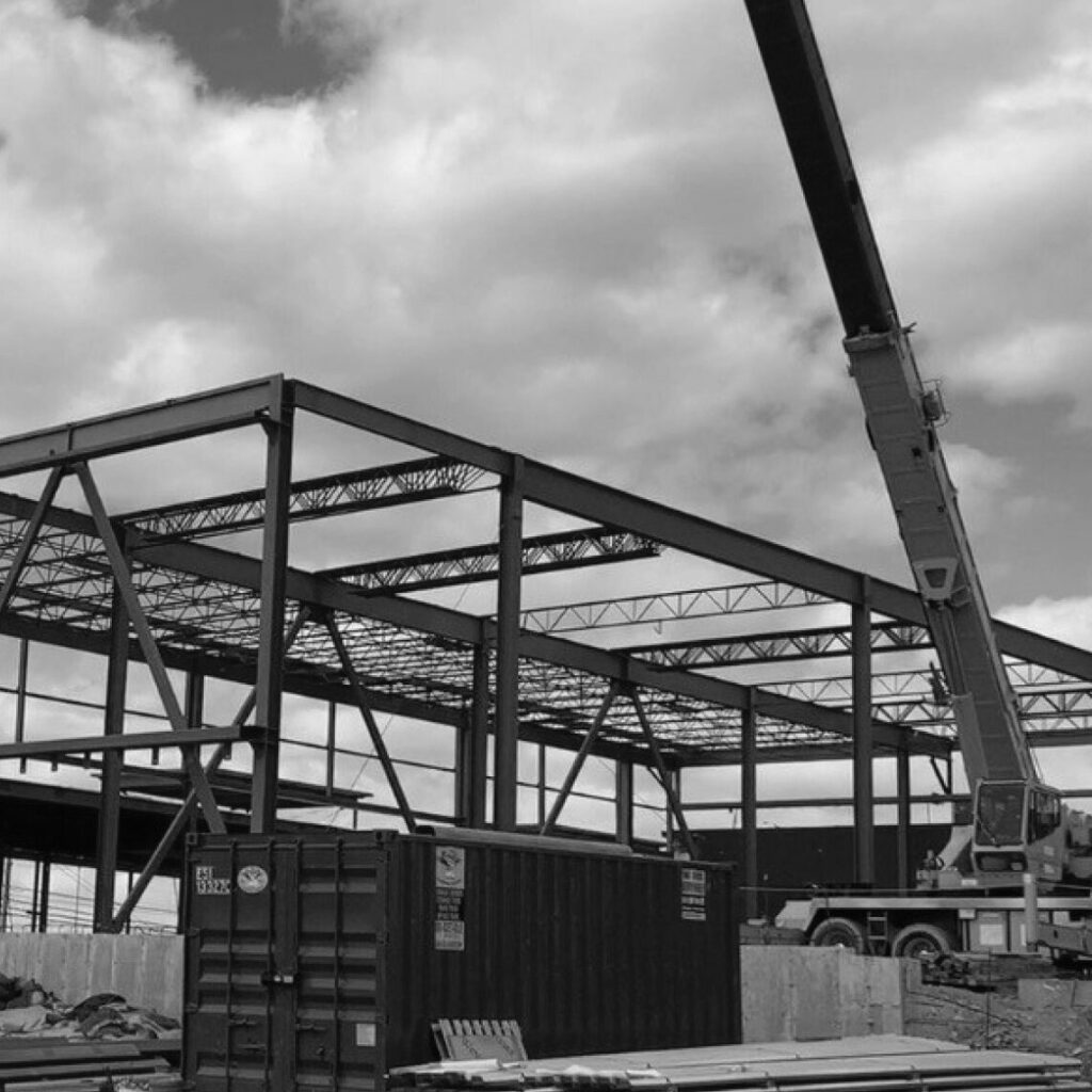 Milestone Construction project showing steel beams of a building
